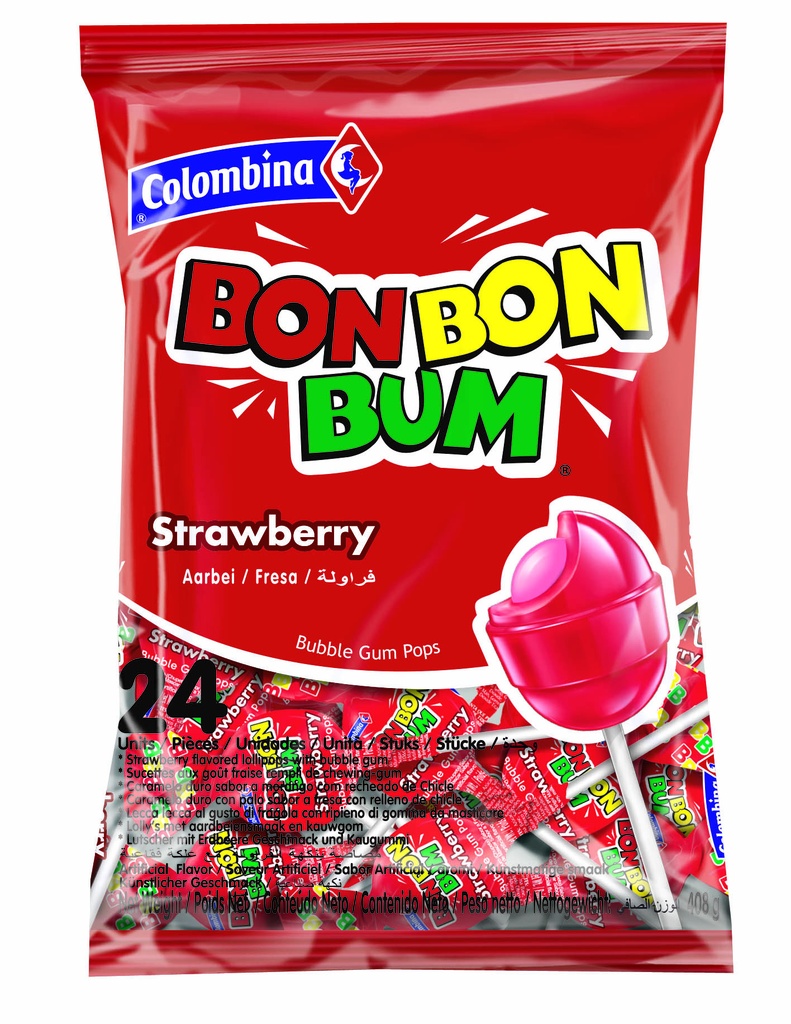 Bon Bon Bum Fresa / Kolumbianische Lutscher Erdbeer mit Kaugummikern  - Colombina, 408g/24Stk.
