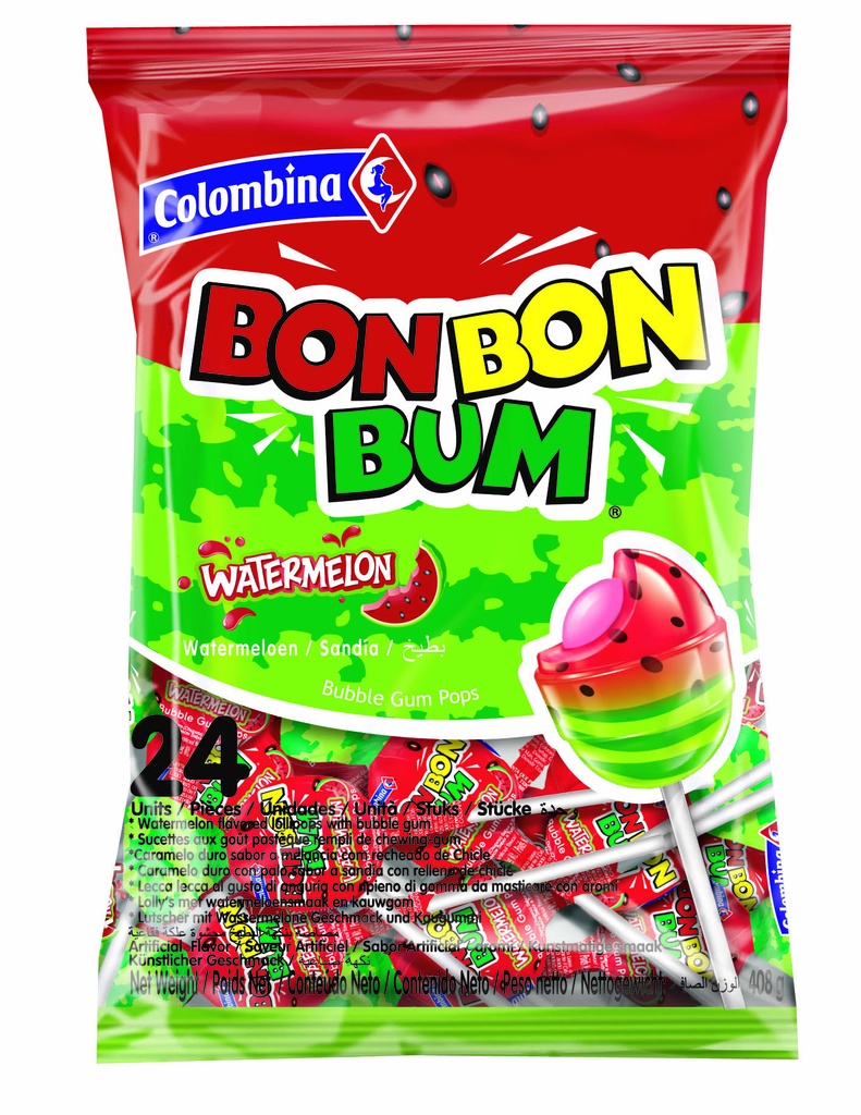 Bon Bon Bum Sandia / Kolumbianische Lutscher Wassermelone mit Kaugummikern - Colombina, 408g/24Stk.