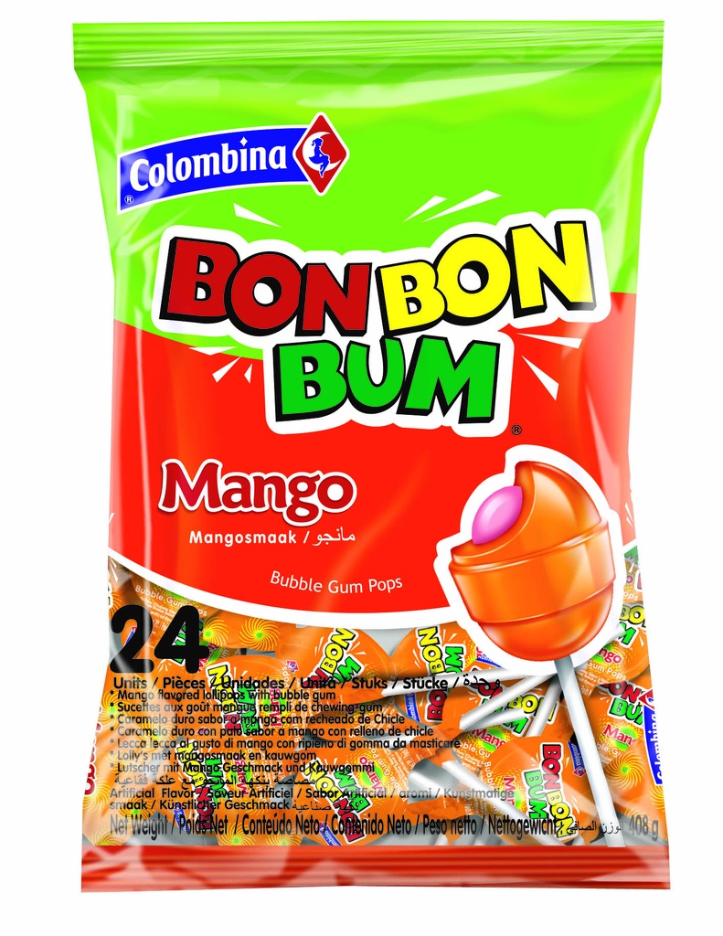 Bon Bon Bum Mango / Kolumbianische Lutscher Mango mit Kaugummikern - Colombina, 408g/24Stk.