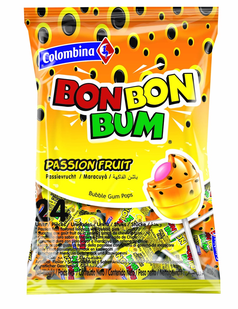 Bon Bon Bum Maracuya / Kolumbianische Lutscher Maracuya mit Kaugummikern - Colombina, 408g/24Stk.