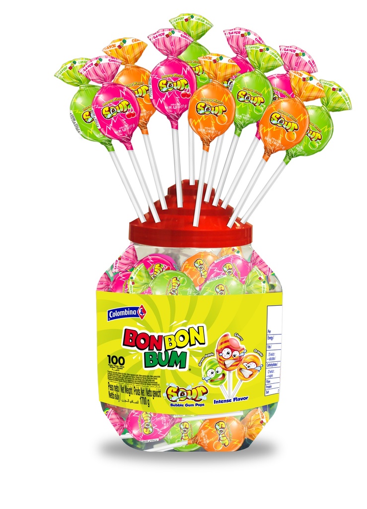 Bon Bon Bum Sour Jar / Kolumbiansiche Lutscher mit Kaugummikern Sauer-Mischung - Colombina, 100 x 17g Display Plastikdose