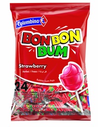 [OM-1310] Bon Bon Bum Fresa / Kolumbianische Lutscher Erdbeer mit Kaugummikern  - Colombina, 408g/24Stk.