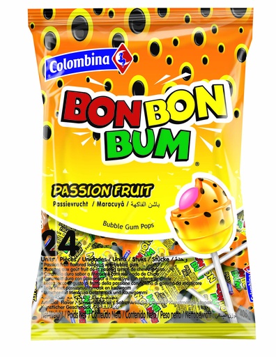 [OM-1312] Bon Bon Bum Maracuya / Kolumbianische Lutscher Maracuya mit Kaugummikern - Colombina, 408g/24Stk.