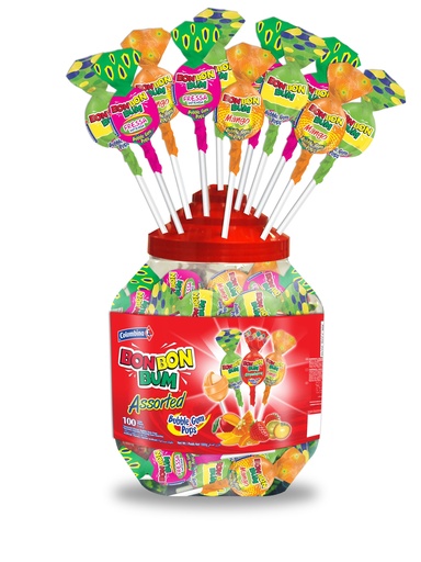 [OM-1676] Bon Bon Bum Surtido Jar / Kolumbianische Lutscher mit Kaugummikern  Mischung - Colombina, 100 x 17g Display Plastikdose